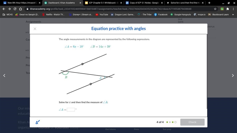 Solve for x and then find the measure of angle, A.-example-1