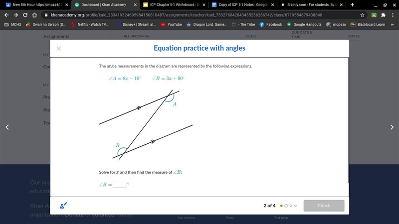 Solve for xx and then find the measure of angle, B.-example-1