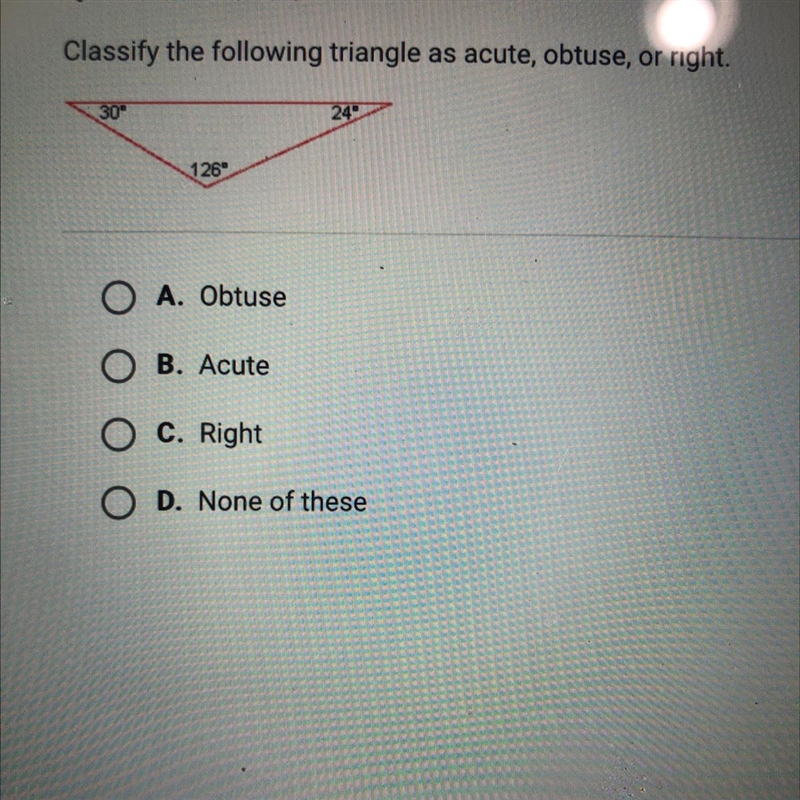 HELP ME ASAP PLEASE?!? Classify the following triangle as acute, obtuse, or right-example-1