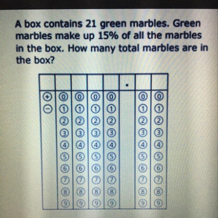 A box contains 21 green marbles. Green marbles make up 15% of all the marbles in the-example-1