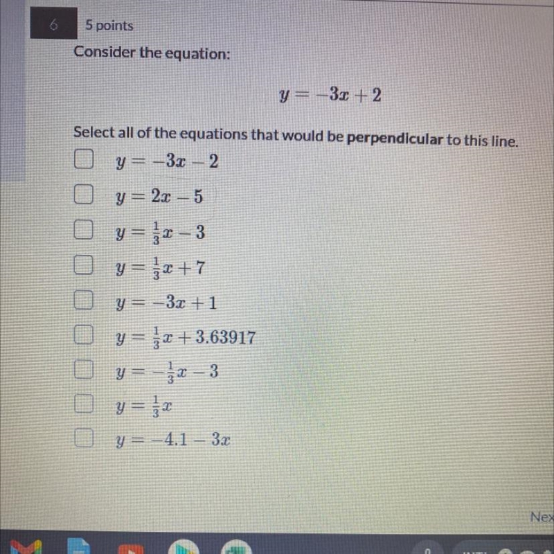 The equation is: y = -32 +2 Select all of the equations that would be perpendicular-example-1