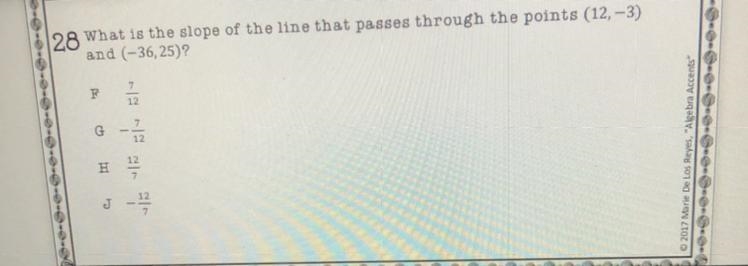 28 What is the slope of the line that passes through the points (12, -3) and (-36,25)?-example-1