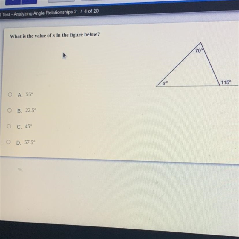 What is the value of x in the figure below? A. 55 B. 22.5 C. 45 D. 57.5-example-1