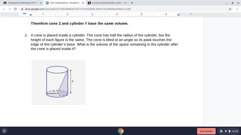 A cone is placed inside a cylinder. The cone has half the radius of the cylinder, but-example-1