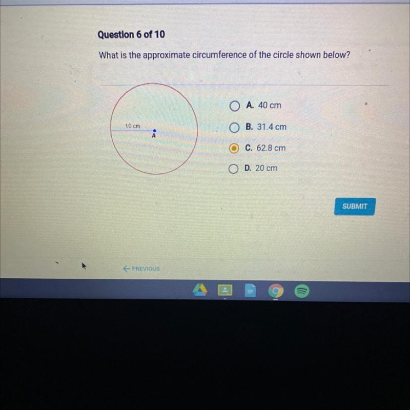 What is the approximate circumference of the circle shown below?-example-1