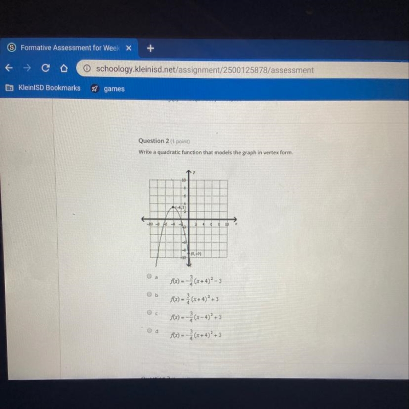 Write a quadratic function that models the graph in vertex form.-example-1