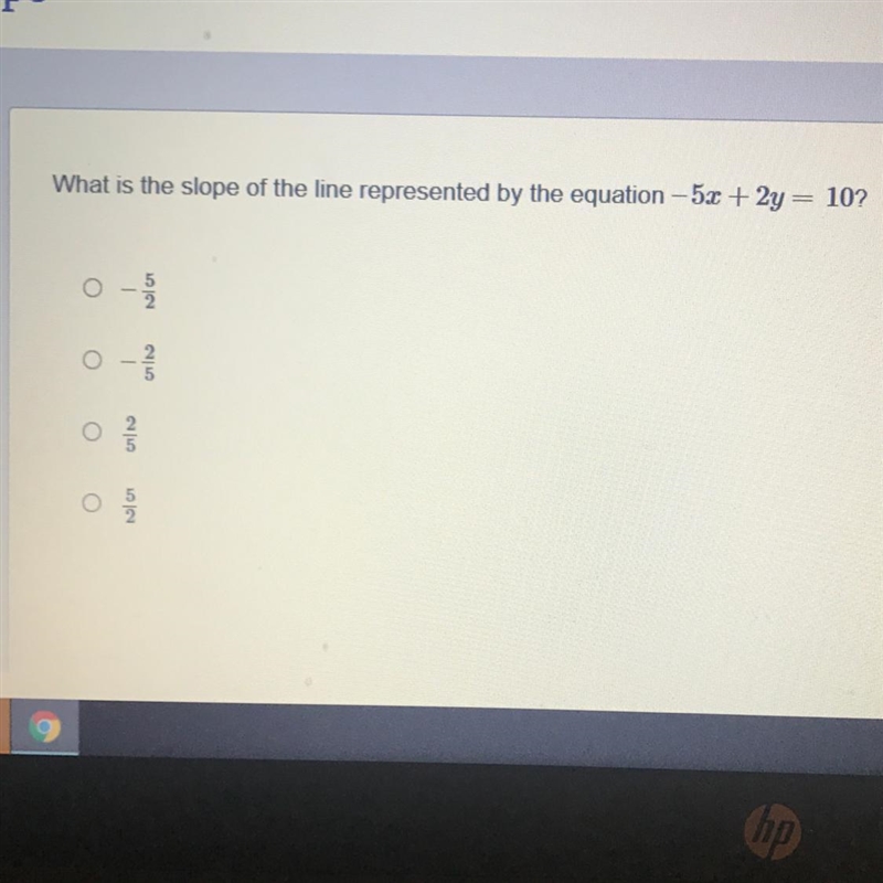 YOOO HELP‼️ What is the slope of the line represented by the equation -52 + 2y = 10?-example-1