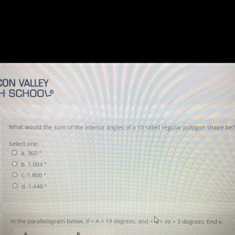 What would the sum of the interior angles of a 10 sided regular polygon shape be? Select-example-1