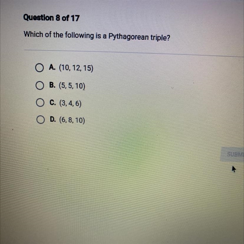 Which of the following is a Pythagorean triple?-example-1