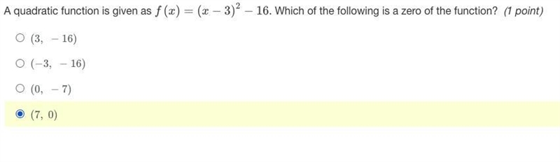 A quadratic function is given as..... Which of the following is a zero of the function-example-1