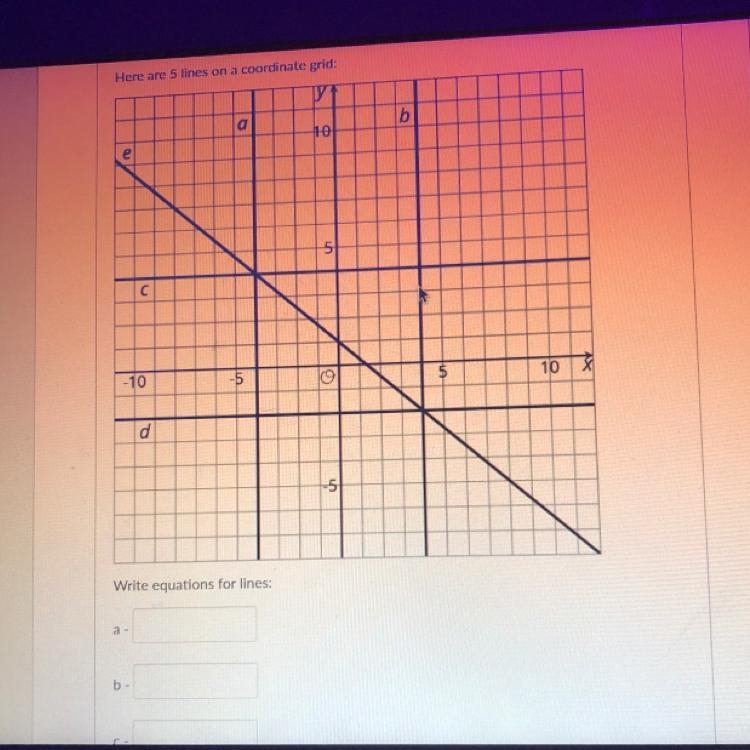 Here are 5 lines on a coordinate grid: Write equations for lines:-example-1