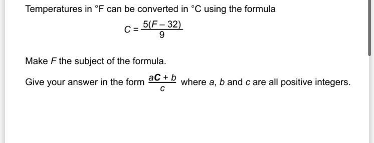 C=5(f-32)/9 Make f the subject of the formula Give answer in the form of aC+b/c-example-1