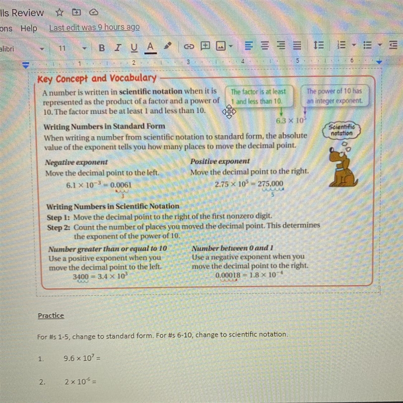 PLASE HELPpp it’s due before midnight. change to scientific notation Q1: 9.6 x 10'7 = Q-example-1