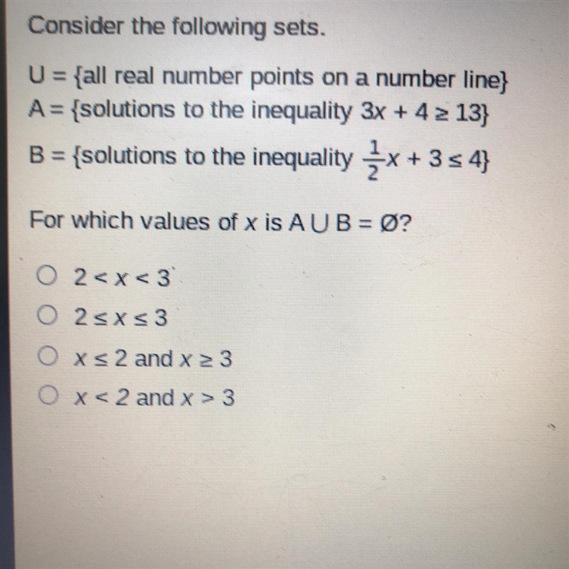 For which values of x is A U B = Ø-example-1