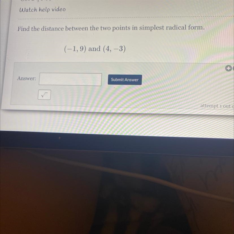 Find the distance between the two points in simplest radical form. (-1,9) and (4, -3)-example-1