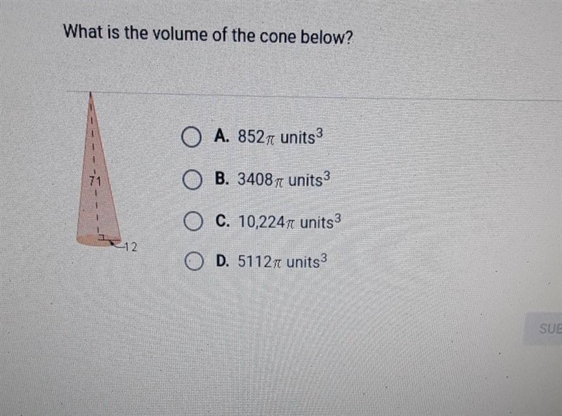 What is the volume of the cone below?​-example-1