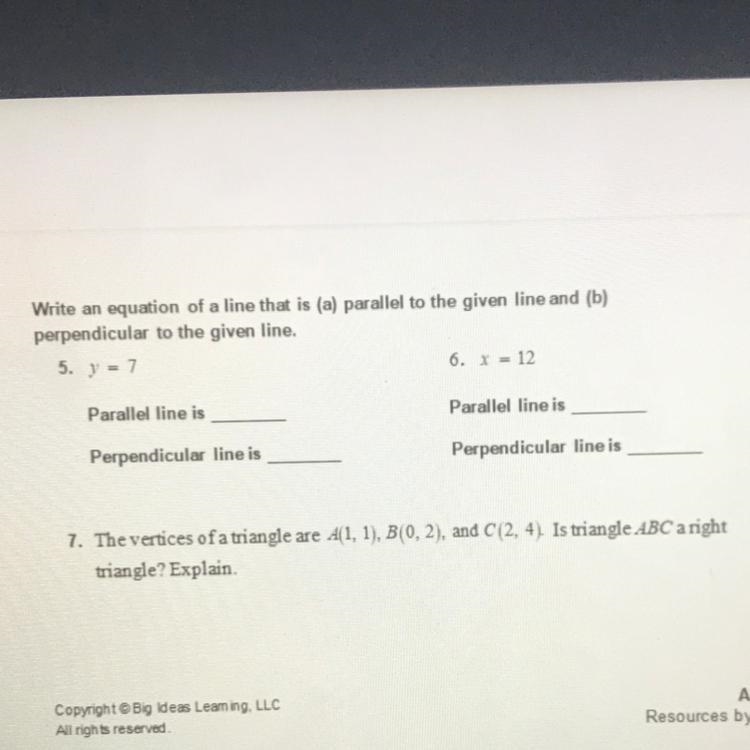 Write an equation of a line that is (a) parallel to the given line and (b) perpendicular-example-1