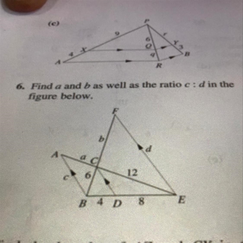 (6) Find a and b as well as the ratio c:d in the figure below.-example-1