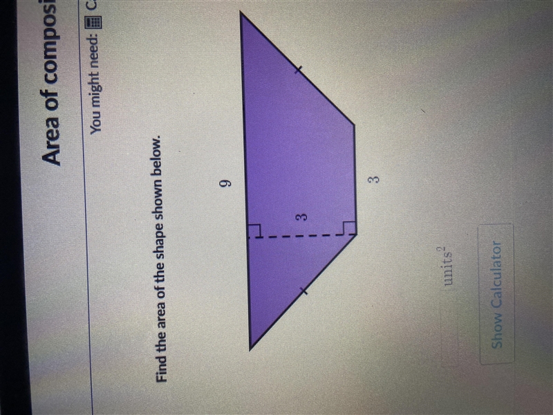 Find the area of the shape shown below.-example-1