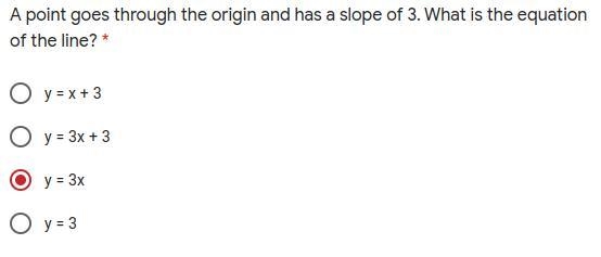 A point goes through the origin and has a slope of 3. What is the equation of the-example-1