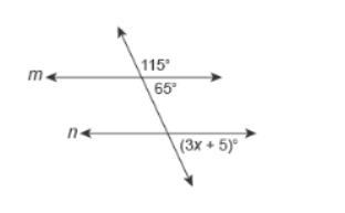 Lines m and n are parallel. find the value of x. A. 15 B. 20 C. 65 D. 115-example-1