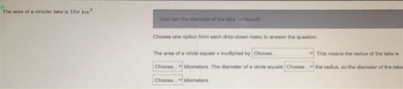 The area of a circular lake is 16 km 2-example-1