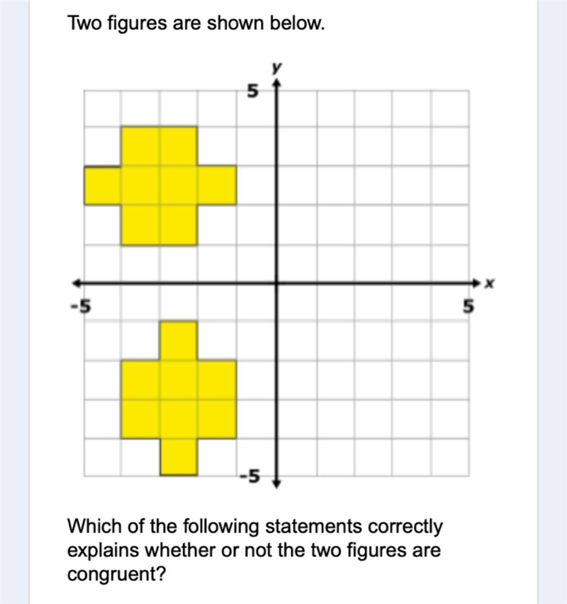 HELP!!! A. The figures are not congruent since the two figures are oriented differently-example-1