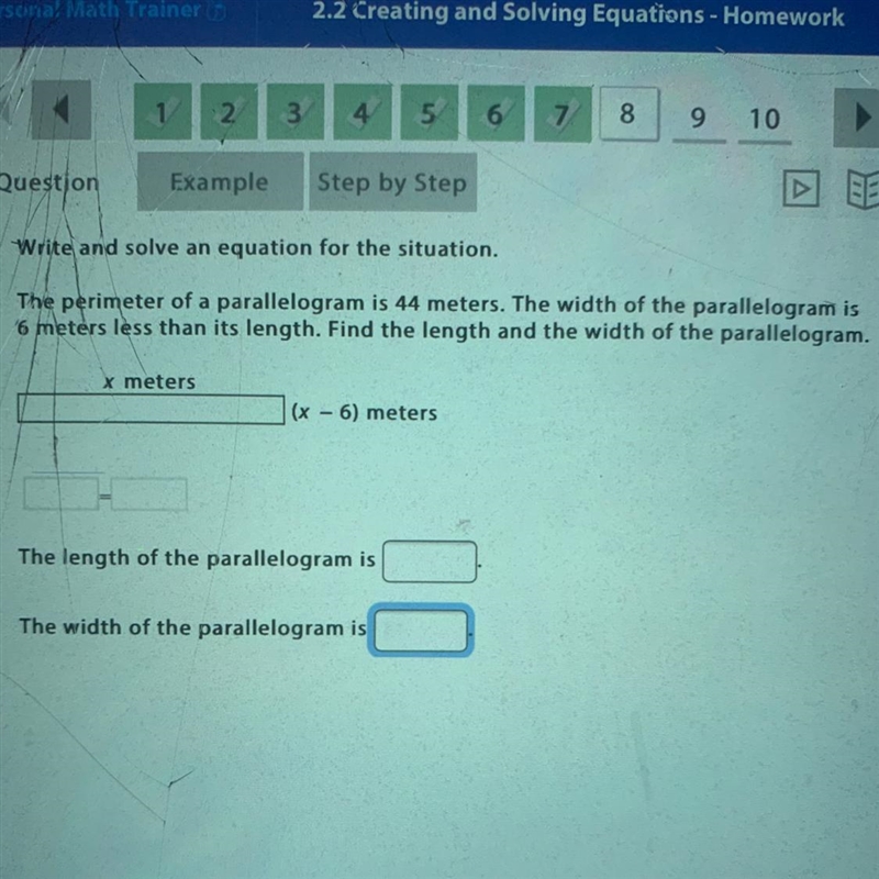 Write and solve an equation for the situation. The perimeter of a parallelogram is-example-1