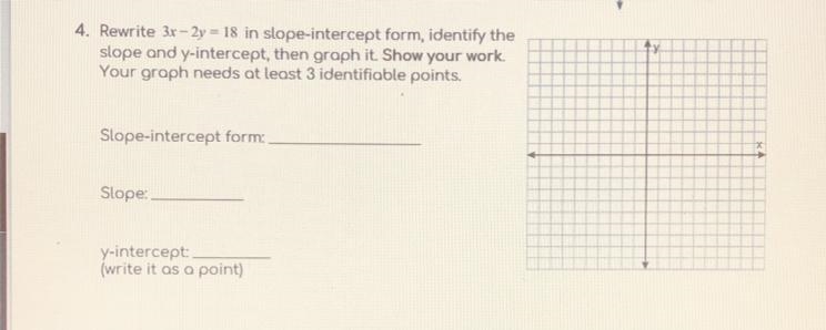 Rewrite 3x - 2y = 18 in slope-intercept form, identify the slope and y-intercept, then-example-1