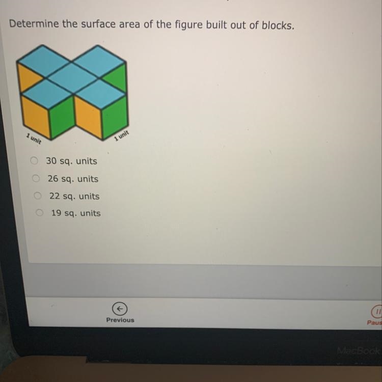 HELP ASAP!! Determine the surface area of the figure built out of blocks. A) 30 sq-example-1