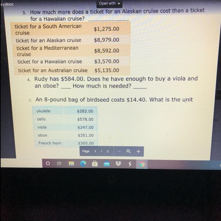 Rudy has $584.00. Does he have enough to buy a viola and an oboe ? How much is needed-example-1