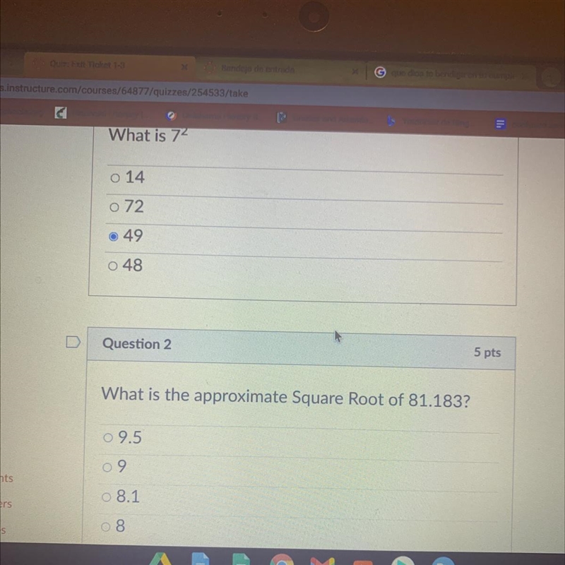 What is the approximate Square Root of 81.183? A.9.5 B.9 C.8.1 D.8-example-1