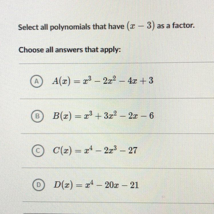 Select all polynomials that have (x – 3) as a factor.-example-1