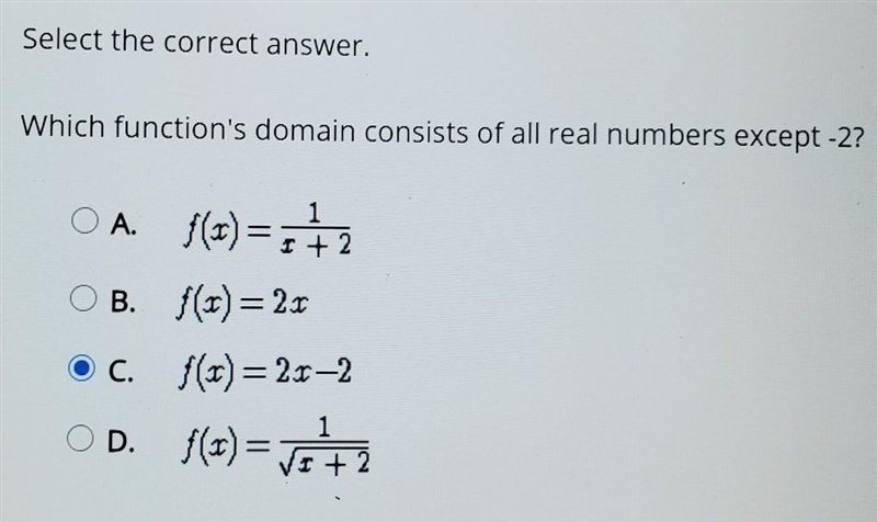 Select the correct answer. which function's domain consists of all real numbers except-example-1