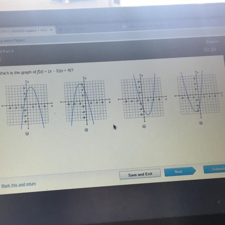 Which is the graph of f(x) = (x - 1)(x + 4)?-example-1