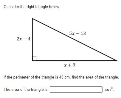 If the perimeter of the triangle is 40 cm, find the area of the triangle. The area-example-1