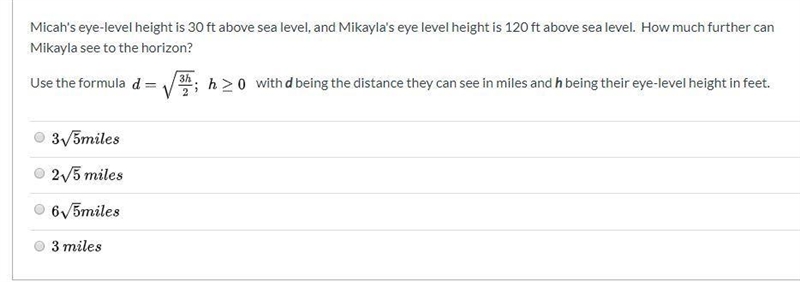 Micah's eye-level height is 30 ft above sea level, and Mikayla's eye level height-example-1