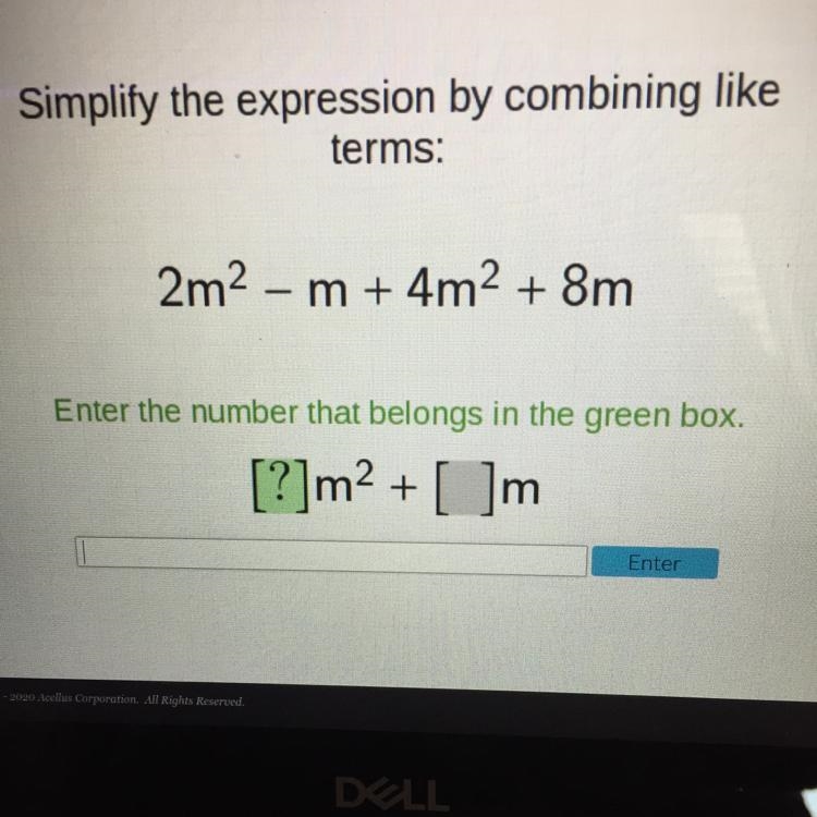 Simplify the expression by combining like terms: 2m2 - m + 4m2 + 8m Enter the number-example-1