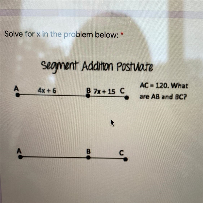 4x + 6 7x+ 15 AC = 120. What are AB and BC?-example-1