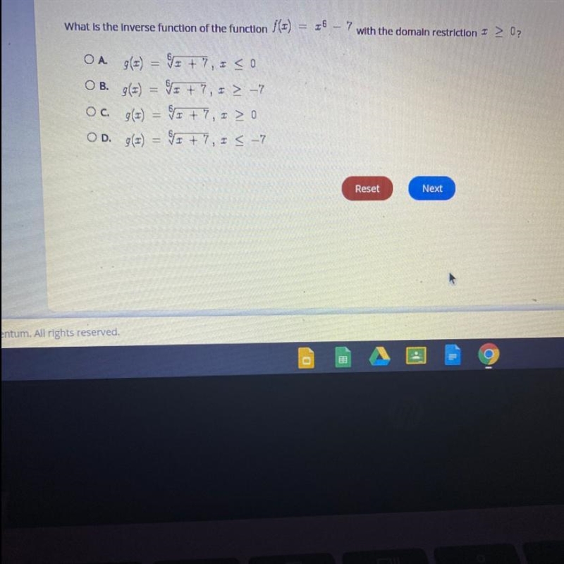 Select the correct answer. What is the inverse function of the function f(x) = x^6 - 7 with-example-1