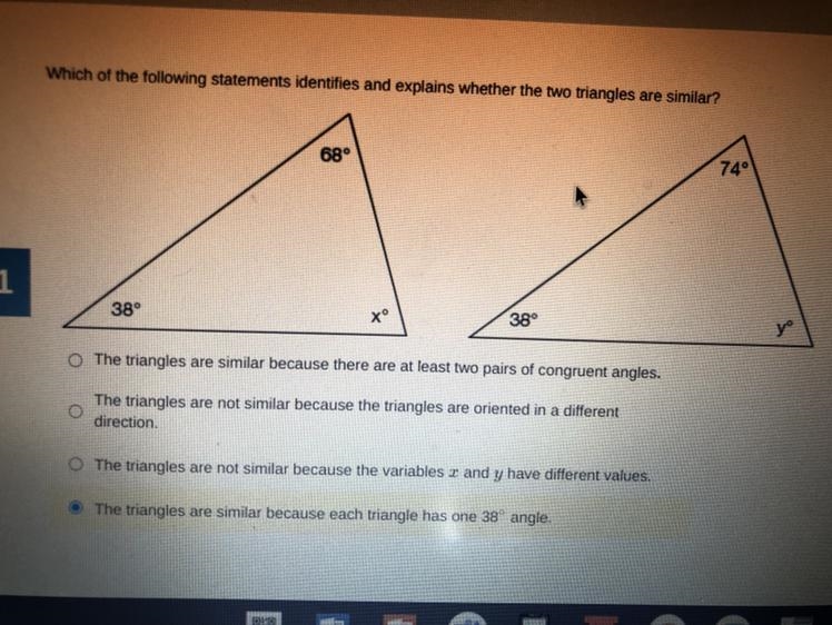 Which of the following statements identifies and explains whether the two triangles-example-1