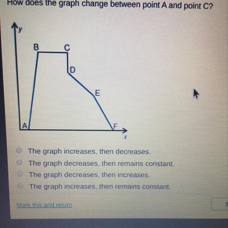 How does the graph change between point A and point C? D The graph increases, then-example-1