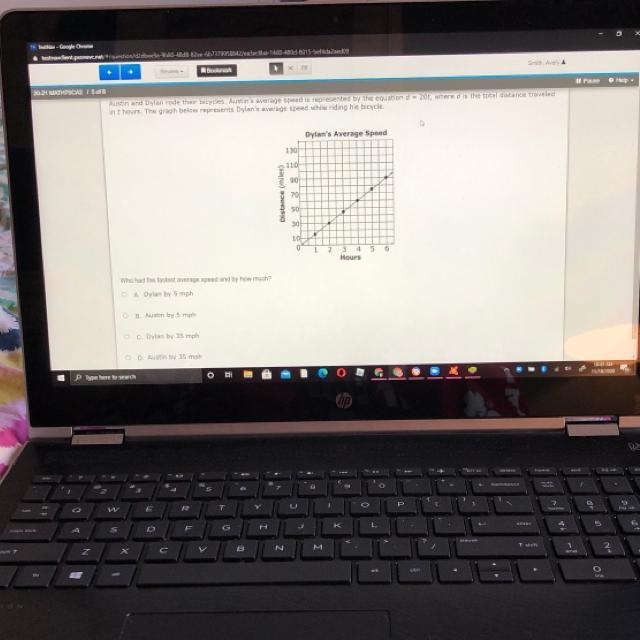 Austin and Dylan rode their bicycles. Austin's average speed is represented by the-example-1
