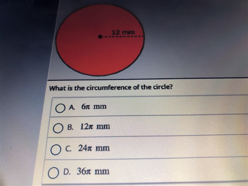 Please help me if you can The circle has a radius of 12mm. What is the circumference-example-1