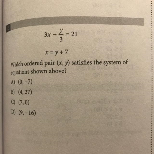 Which ordered pair (x,y) satisfies the system of equations shown above?-example-1