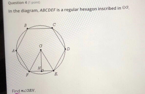 Find angle GEH, which is located inside inscribed hexagon ABCDEF.-example-1