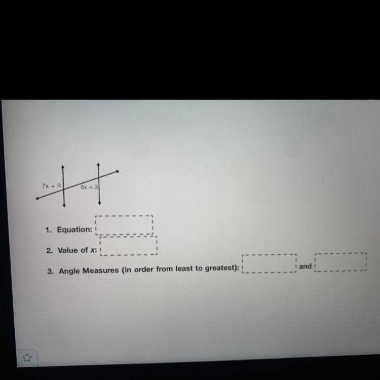 Equation: Value of X: Angle measures: __ & __-example-1