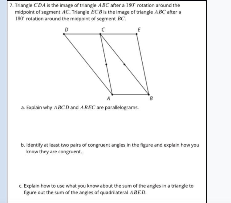 Triangle CDA is the image of triangle ABC after a 180° rotation around the midpoint-example-1