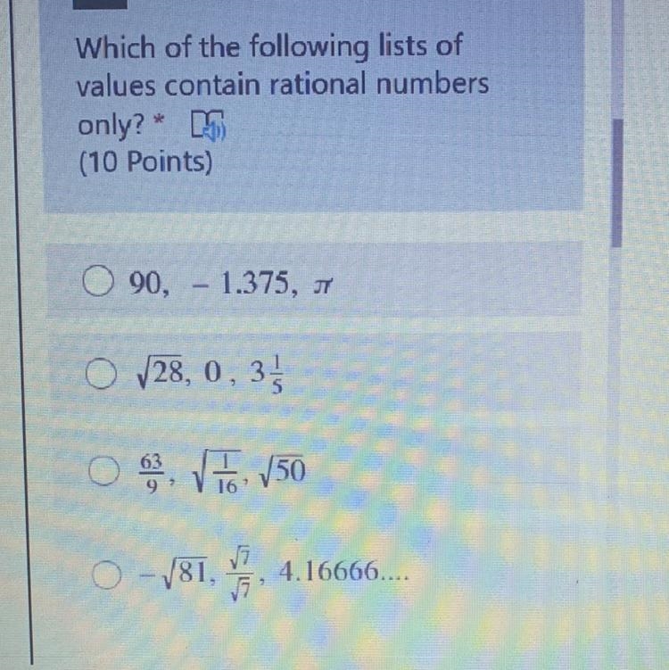 Which of the following list of values contain rational numbers only ?-example-1