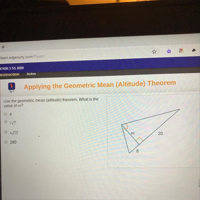 Use the geometric mean (altitude) theorem. What is the value of m? 27 4710 m 20 160 8-example-1